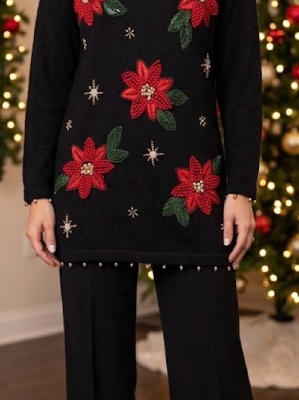 Vintage Victoria Jones Black Poinsettia Beaded Cowl Neck Sweater